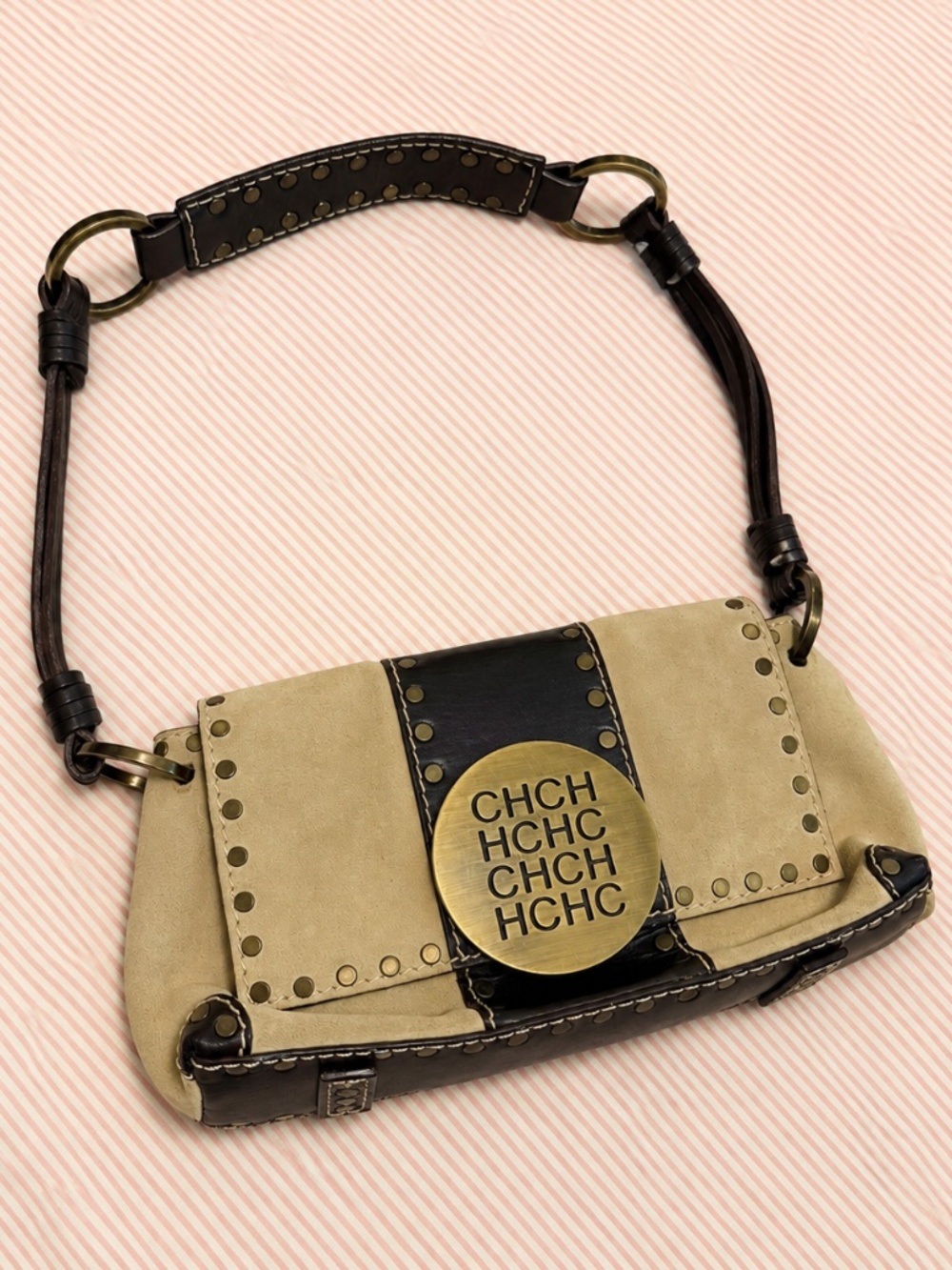 CH Carolina Herrera Suede Leather Studded Mini Shoulder Bag